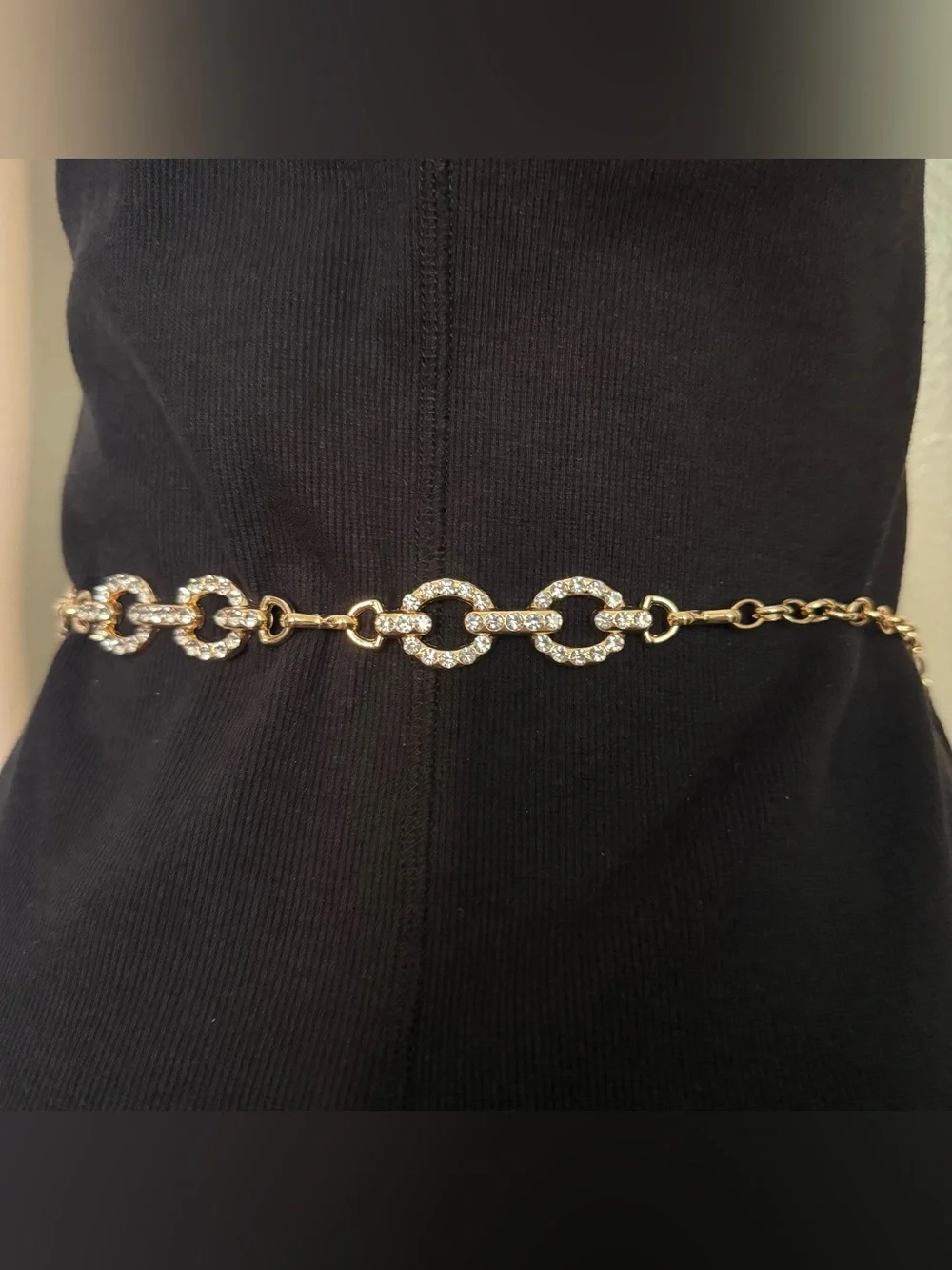 Gold tone oval links metal chain belt with rhinestone details